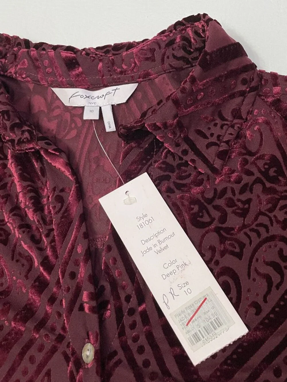 Foxcroft Top Sz 10 Burgundy Velvet Burnout Button Down Blouse Semi-Sheer Luxury